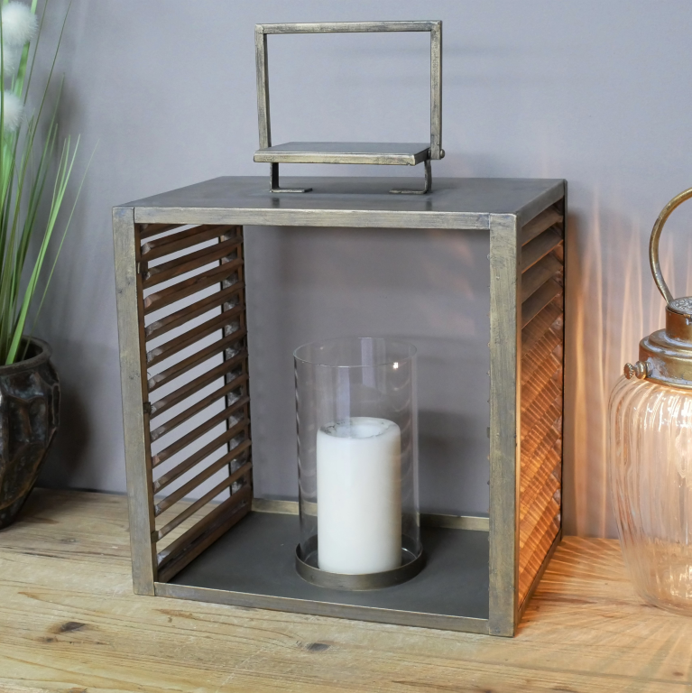 Square Metal & Fir Wood Lantern