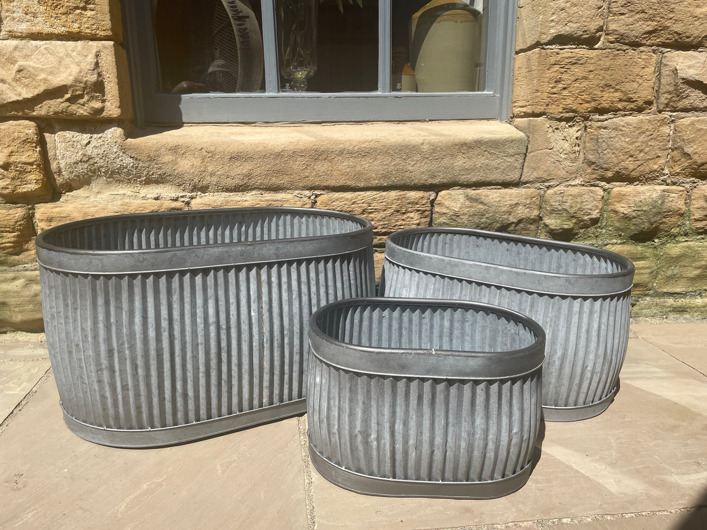 Oval Dolly Pots - galvanised steel planter tubs- Set of 3