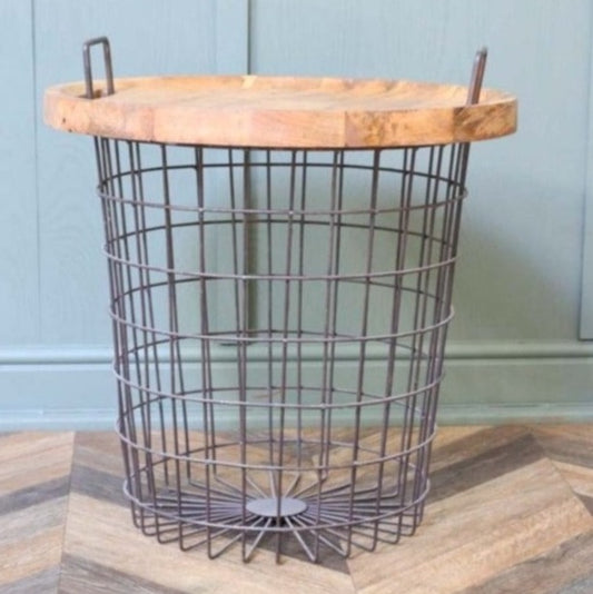 Industrial Wire Basket with Wooden Tray Table Top